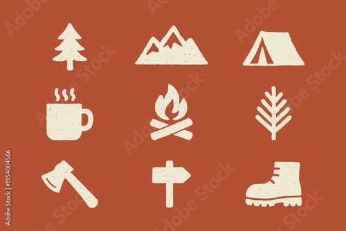 Retro Camping and Outdoor Adventure Icon Set with Textured Finish