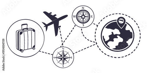 Illustration of travel icons including a suitcase, airplane, compass, and globe
