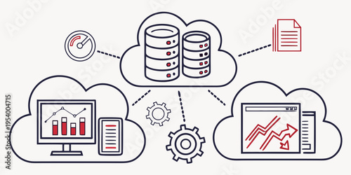 Illustration of a data analysis and reporting system with various components.