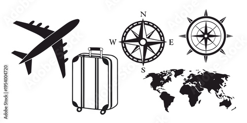 Travel essentials including a plane, compasses, and a world map.