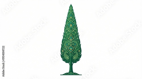 Persian Cypress Tree Clipart (Sarv) with Iranian Ornamental Style Isolated on White Background
