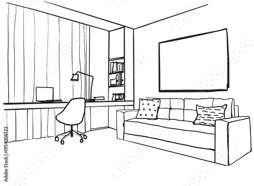 Hand drawn, Doodles, sketch interior. Living room, home office