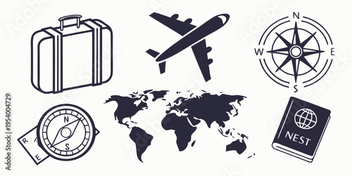 Collection of travel icons including a suitcase, airplane, compass, and passport