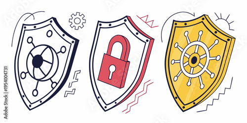 Three distinct shields with unique symbols representing different concepts of protection.