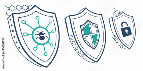 Three shields with different security icons representing data protection and cybersecurity