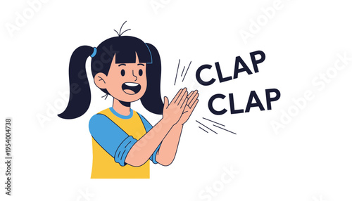 A cartoon girl clapping with excitement and big smile on her face