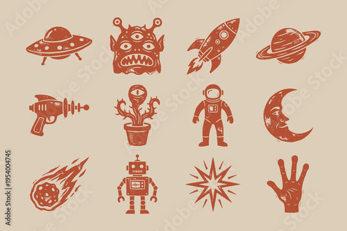 Retro Sci-Fi and Space Theme Linocut Icon Collection