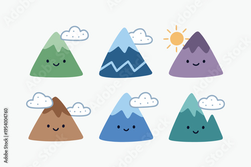 Set of Cute Smiling Mountain Cartoon Characters with Sun and Clouds