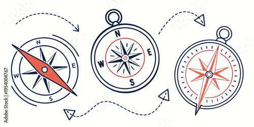 Three compasses showing different directions with arrows indicating movement