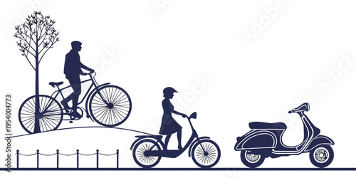 Three people riding different vehicles on a path near a tree and fence