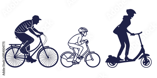 Three individuals enjoying different types of outdoor activities on wheels.