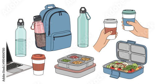 Collection of lunchboxes and drink containers for on the go.