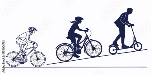 Three individuals engaged in various cycling activities on an inclined plane