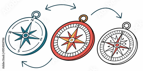 Three distinct compasses illustrating different styles and designs