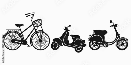 Three vintage bicycles and scooters parked in a row against a white background