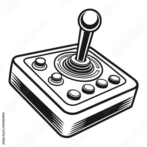 Retro arcade joystick controller silhouette, vintage gaming, black and white vector