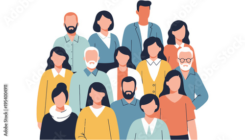 A diverse group of people standing together in a colorful illustration