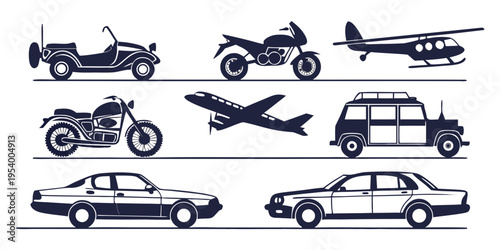 A diverse collection of vehicles including cars, motorcycles, and aircraft.