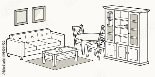 A beautifully furnished living room with a cozy sofa and a wooden cabinet