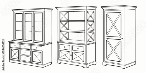 Elegant wooden furniture set including cabinets and shelves for home decor.