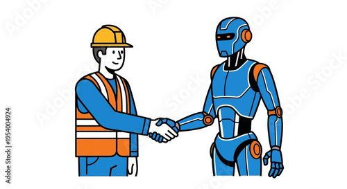 Human Engineer Shaking Hands with Robot Illustration, AI Collaboration in Construction and Industrial Automation Concept, Future of Work Vector Art