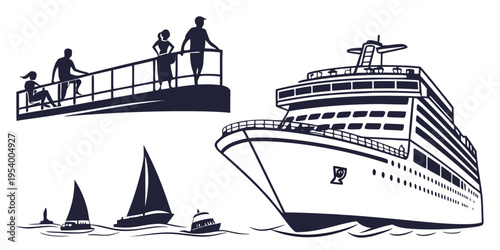 A large cruise ship sails near a group of people on a pier and sailboats