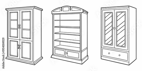 Three distinct wooden cabinets showcasing various design and storage options