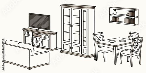 A cozy living room with a television, sofa, dining table, and wooden furniture