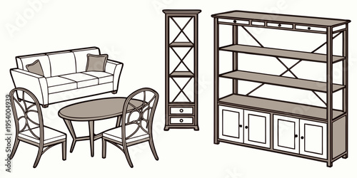 A vintage wooden dining set and a tall bookshelf in a classic design.