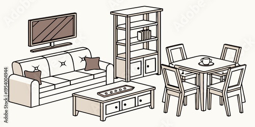 A cozy living room with a television, sofa, and dining table set.