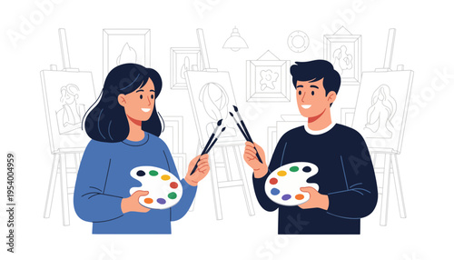 A cartoon artist couple painting together in a studio with easels