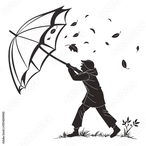 Person struggling with umbrella against strong wind and falling leaves silhouette