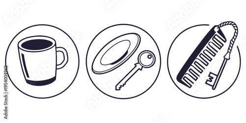 A visual representation of a morning routine with coffee, a frying pan, and a comb.