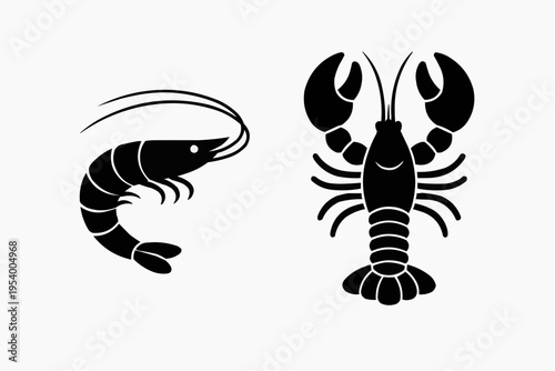 Minimalist shrimp and lobster silhouettes, clean vector style, solid black shapes, isolated on pure white background.