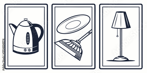 A variety of household items including a kettle, frying pan, and lamp