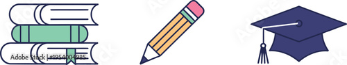 Simple icons show stacked books, a large yellow pencil, and a graduation.