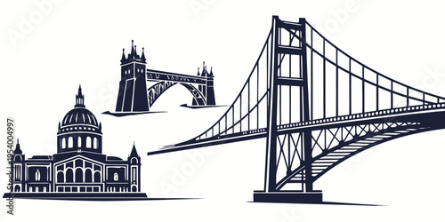 Iconic landmarks from around the world depicted in a minimalist black and white illustration