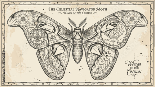 Detailed vintage celestial navigator moth illustration with cosmic map wings and antique astronomical charts on aged paper