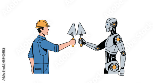 Human and Robot Construction Worker Collaboration Illustration - Builder and AI Robot Holding Trowels in Partnership - Future of Automation and Masonry Concept