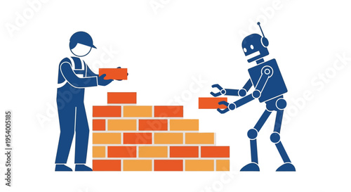 Human and Robot Collaborating on Brick Wall Construction, Future of Work and Automation Concept Illustration
