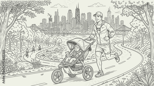 Active father jogging with baby in stroller on a park path, city skyline background, family fitness outdoor illustration