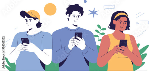 Three diverse young friends look intently at their mobile phones while standing.