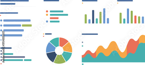 Collection of abstract colorful charts showing business growth metrics and data.