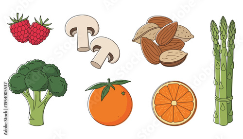 Fresh vegetable and fruit icons including raspberries, mushrooms, and oranges