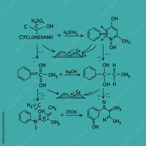 Chemical reaction process diagram illustration.