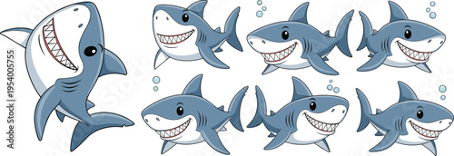 Vector illustration of cartoon sharks with friendly expressions, toothy grins, playful animated style, humorous ocean design, fun theme