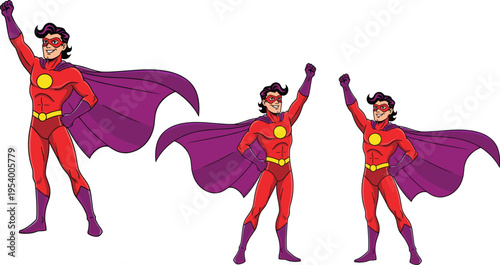 Vector illustration of cartoon superheroes in identical costumes, red suits, purple capes, confident poses, character design, animation concept