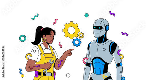Female Engineer and Humanoid Robot Collaboration Concept, Flat Line Art Illustration of Woman Mechanic with AI Bot