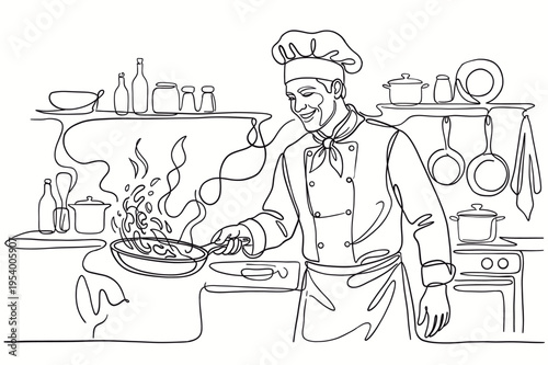Minimalist line art illustration of a professional chef cooking food in a kitchen using a frying pan. Perfect for restaurant, cooking, food preparation, culinary, recipe and gastronomy concepts