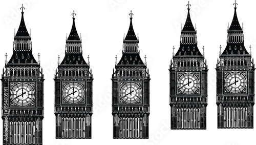 Vector illustration of Elizabeth Tower Big Ben London landmark with clock face variations, Gothic architecture, cultural heritage, iconic design